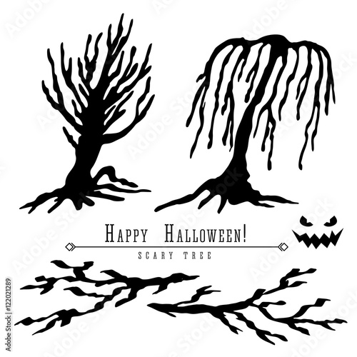 Scary dead trees silhouette vector halloween decoration set with branches. Brush pen ink illustration for halloween design.