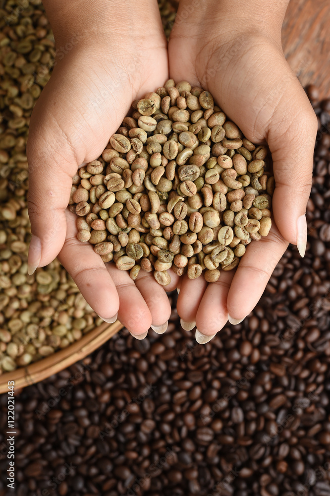 Close up of coffee beans on hand Close up of coffee beans on hand