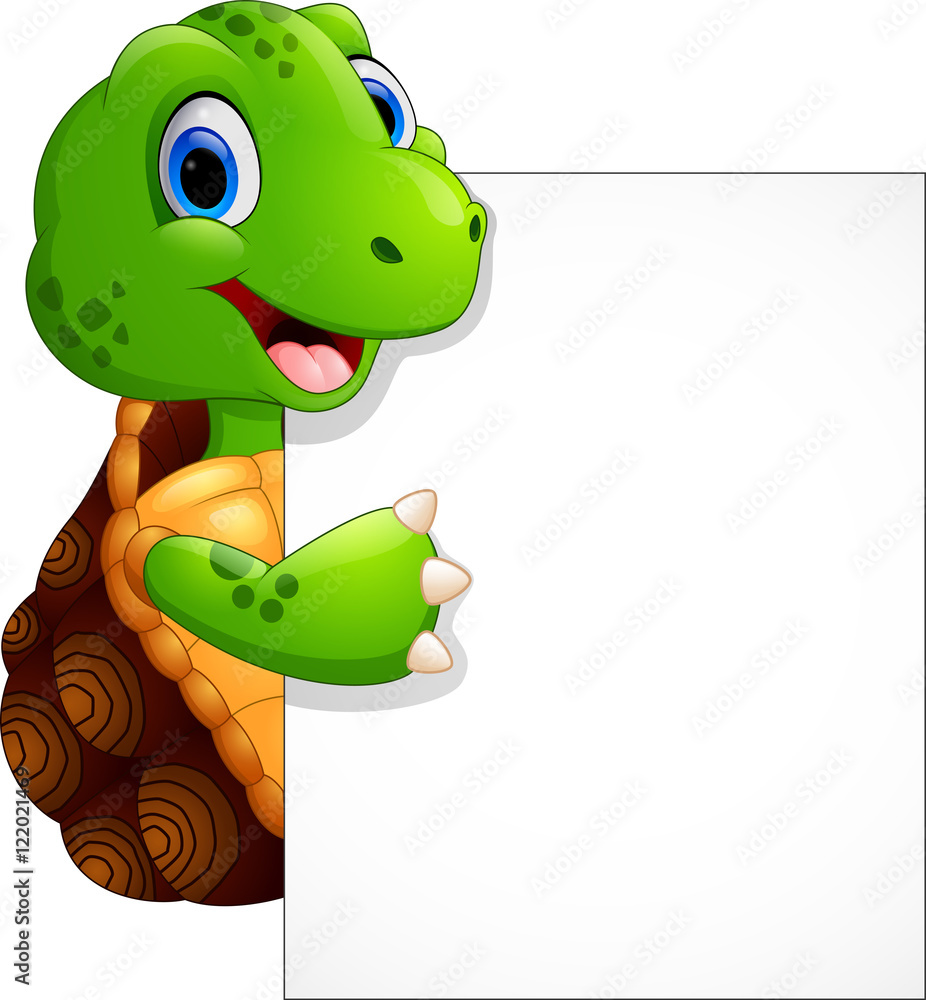 Obraz premium Cute turtle cartoon with blank sign