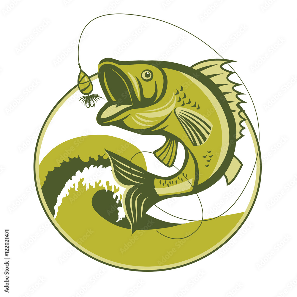 Bass Fish. Bass Fishing Lures. Bass Fishing tackle. Bass Fishing hook.  Catching Bass Fish Vector. Fish Mascot. Fish Jumping Of Water. Perch Fishing  Vector Illustration. Fish Jumping With Waves. Stock Vector