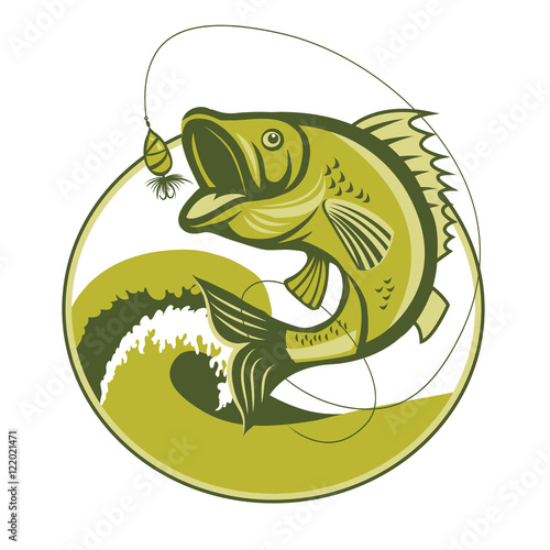 Bass Fish. Bass Fishing Lures. Bass Fishing tackle. Bass Fishing hook. Catching Bass Fish Vector. Fish Mascot. Fish Jumping Of Water. Perch Fishing Vector Illustration. Fish Jumping With Waves.