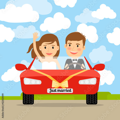 Just married couple in the red car vector illustration