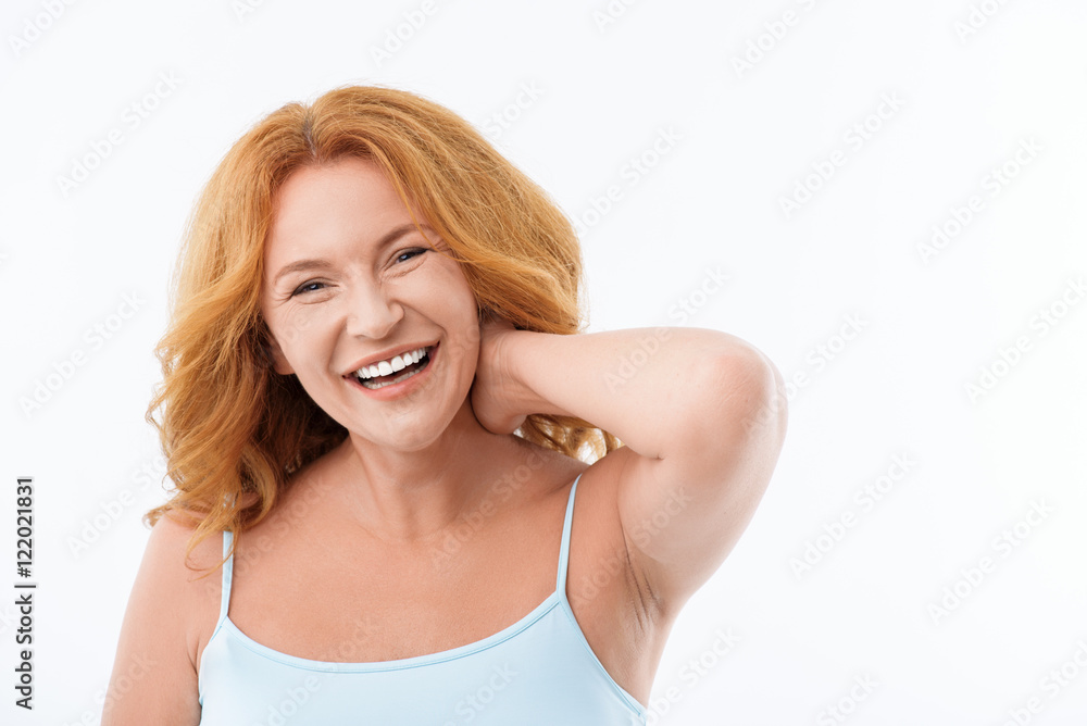Carefree middle-aged lady expressing positive emotions Carefree middle-aged lady expressing positive emotions