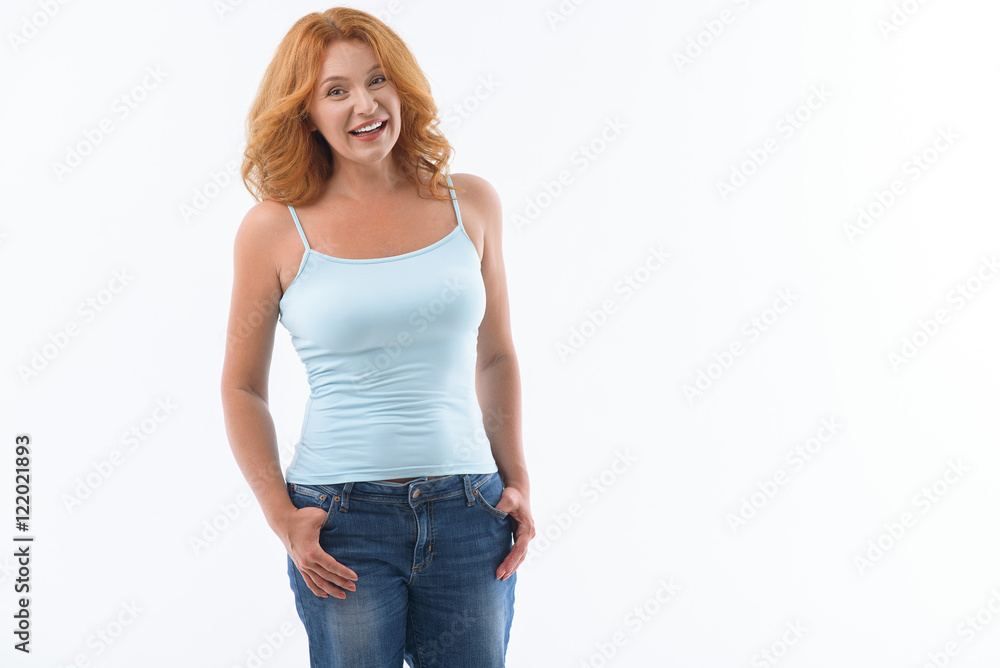 Happy middle-aged lady expressing joy Happy middle-aged lady expressing joy