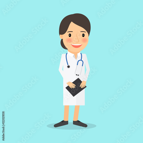 Medical doctor character. Young lady in white uniform vector illustration