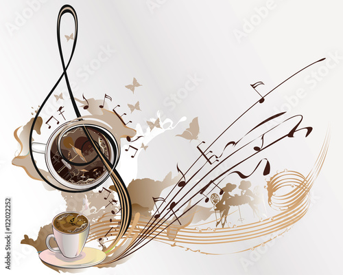 Abstract coffee music with cups of coffee, splashes, butterflies, notes.