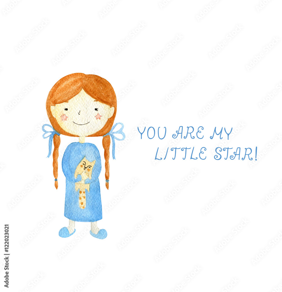 Watercolor picture in style of book illustration on white background. Redheaded girl with pigtails in blue nightgown with soft cat toy in hand, intends to go to bed Watercolor picture in style of book illustration on white background. Redheaded girl with pigtails in blue nightgown with soft cat toy in hand, intends to go to bed
