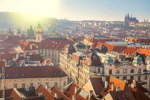 Panoramic Aerial view of Prague city with red rooftops
