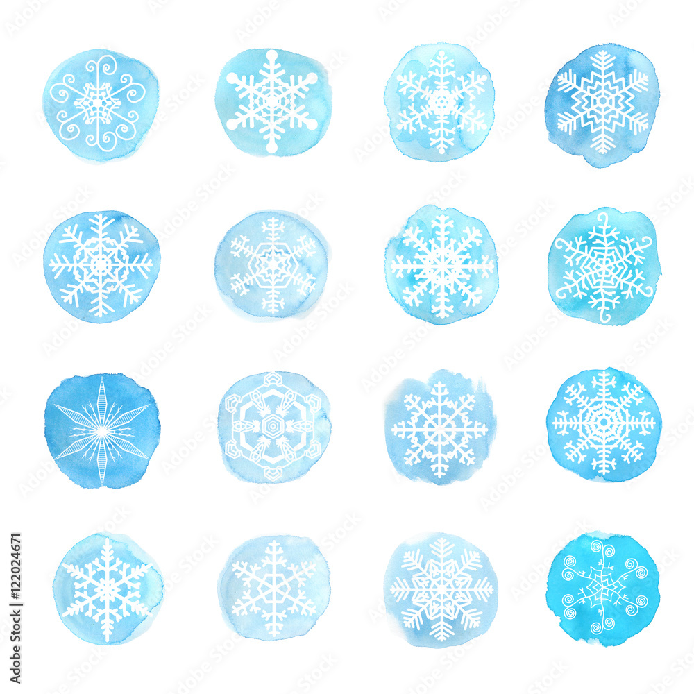 Set of snowflakes on watercolor spots