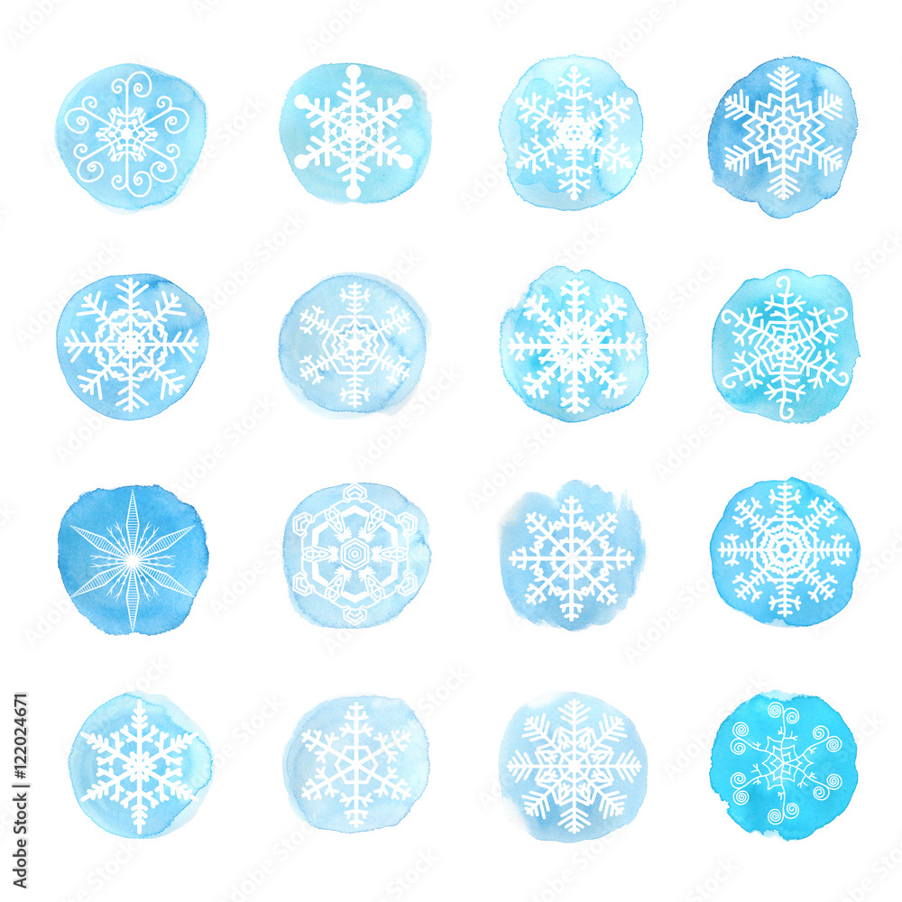 Set of snowflakes on watercolor spots Set of snowflakes on watercolor spots