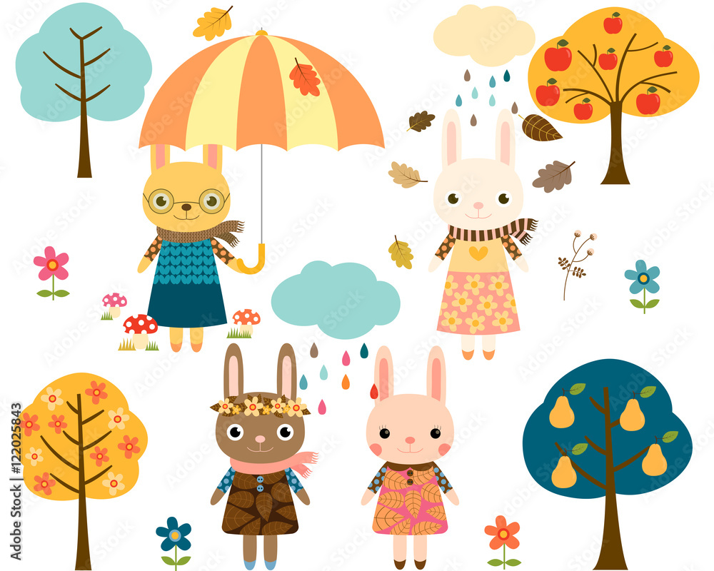 Obraz premium Cute Cartoon Bunnies with Autumn Trees, an Umbrella and Rain Clouds