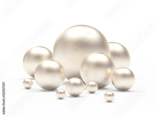Group of white pearls of different sizes isolated on white background. 3D illustration 