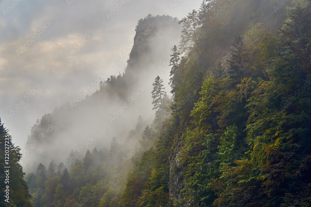 Beautiful panoramic view of the Pieniny National Park, Poland, in rainy and foggy september day