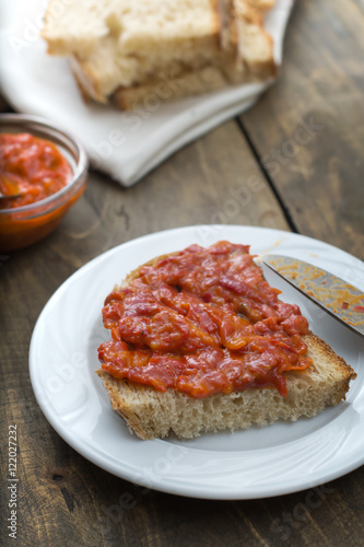 Slice of bread smeared with homemade chutney