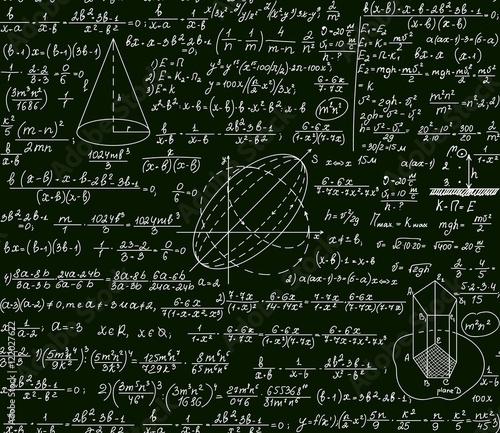 Math vector scientific technical seamless pattern with handwritten formulas, calculations, plots, signs, equations on a green 