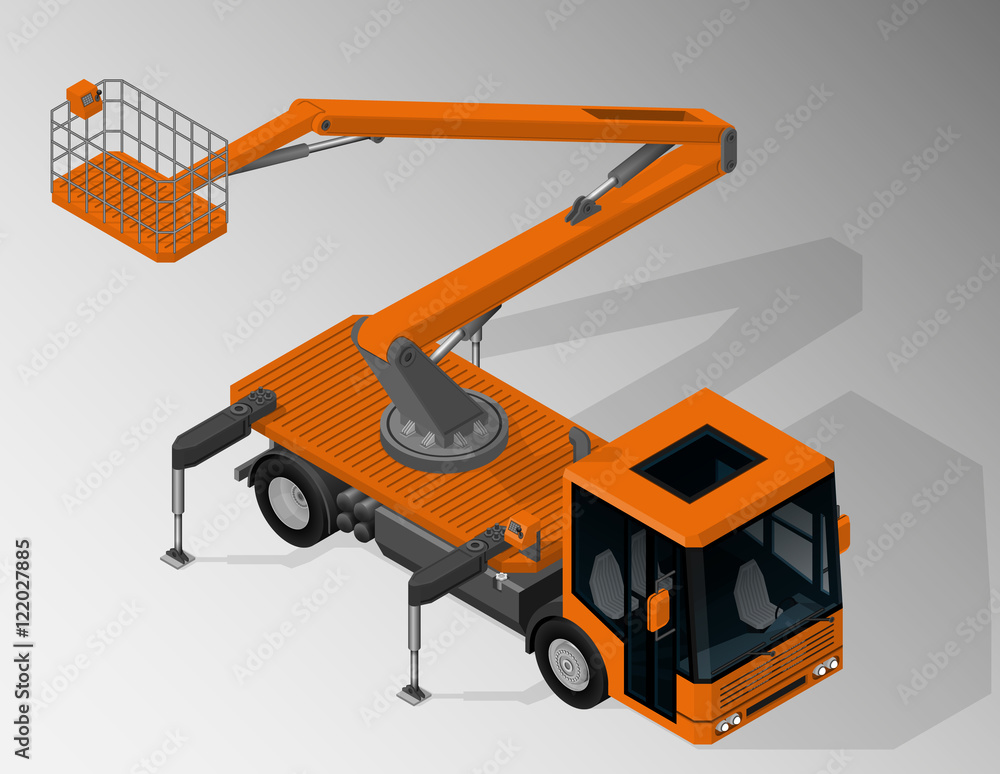Vector isometric illustration of mobile elevating work platform. Equipment for maintenance of urban infrastructure. Vector isometric illustration of mobile elevating work platform. Equipment for maintenance of urban infrastructure.
