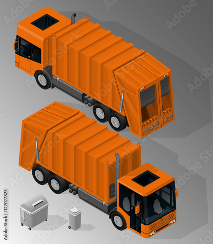 Vector isometric illustration of garbage truck front and rear view and the garbage containers. Equipment for maintenance of urban infrastructure.