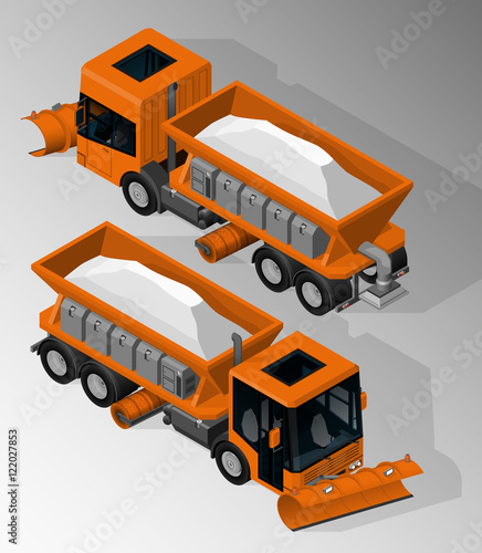 Vector isometric illustration of snowplow truck front and rear view. Equipment for maintenance of urban infrastructure.