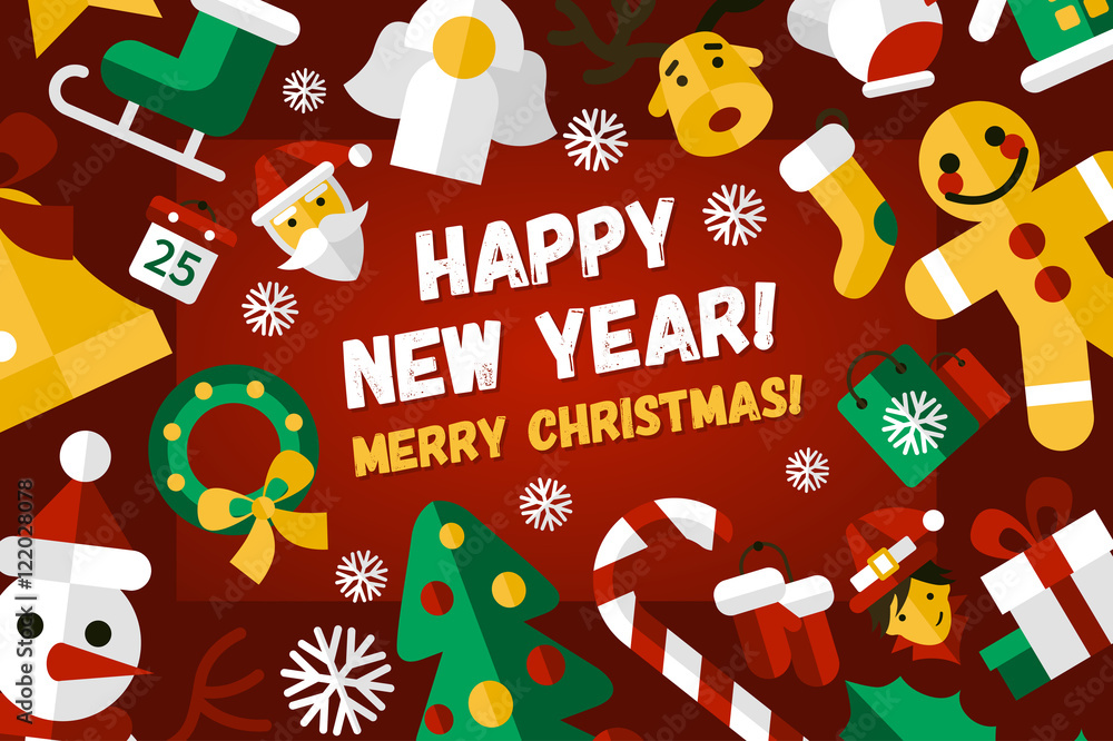 Merry Christmas and Happy New Year flat design card illistration Merry Christmas and Happy New Year flat design card illistration