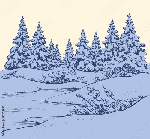  Vector sketch. Winter forest landscape with frozen river