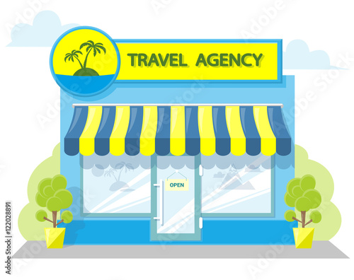 Facade travel agency. Signboard with emblem, awning and symbol in windows. Concept front shop for design banner or brochure. image in a flat design. Vector illustration isolated on white background