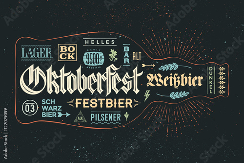 Bottle of beer with hand drawn lettering for Oktoberfest Beer Festival. Vintage drawing for bar menu, t-shirt print and beer themes. The name of beer, Varieties of beer in German. Vector Illustration