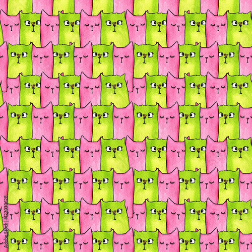 Seamless watercolor bright doodle pattern with cats