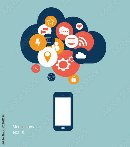 Flat mobile phone vector with social media icons and cloud, cloud computing
