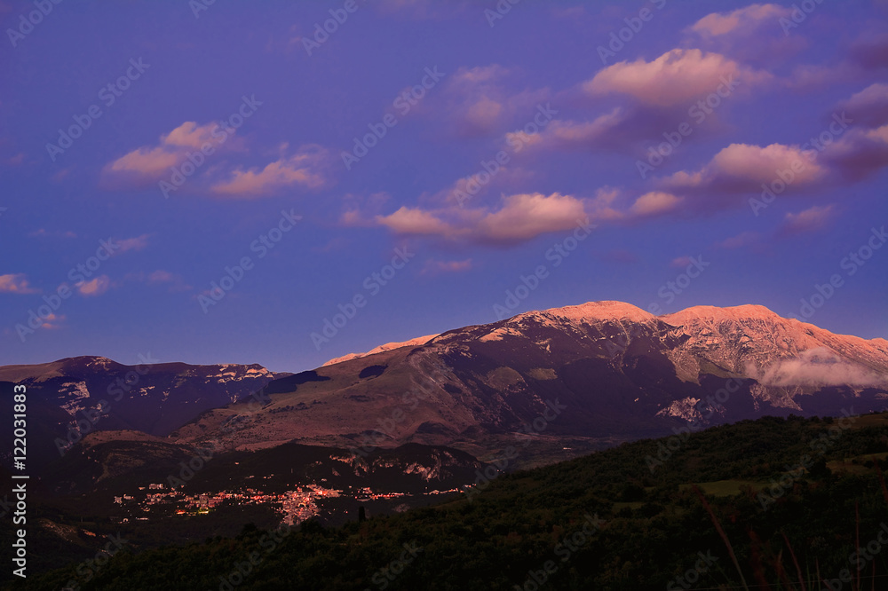 Sunset on Majella mountain and Caramanico village in abruzzo (It