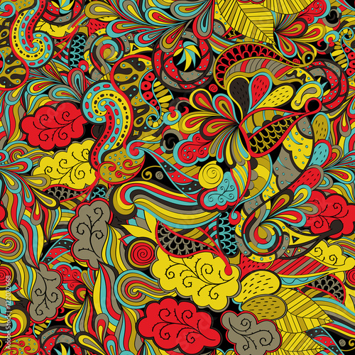Tracery seamless calming pattern. Mehndi design. Ethnic colorful doodle texture. Curved doodling background. Vector.