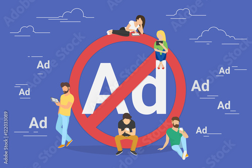 Mobile ad prohibition concept illustration of young people using mobile gadgets for networking and using internet without ads. Flat design of guys and women standing near big red sign