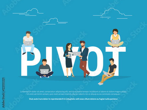 Project pivot concept illustration of business people working together as team. Business colleagues working on laptops for a new pivot. Flat design for for website banner and landing page photo