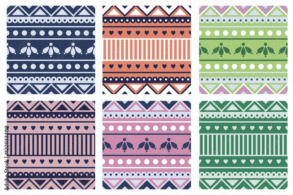 Fototapeta Set of seamless vector geometric colorful patterns with ornamental elements,endless background with ethnic motifs. Graphic illustration. Series- sets of vector seamless patterns.
