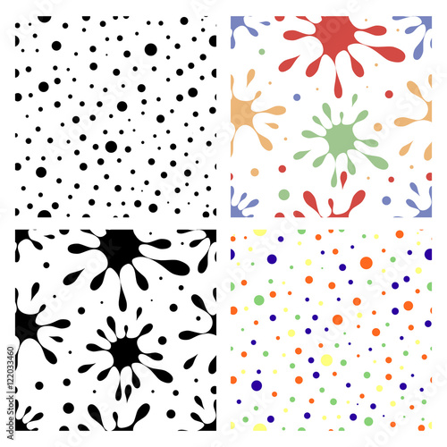 Set of seamless vector patterns with dots, colorful blots. Endless backgrounds. Graphic vector illustration.