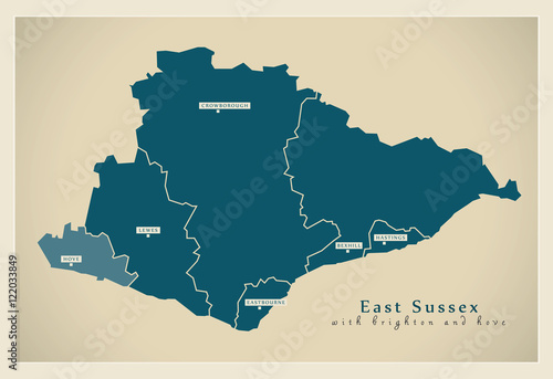 Modern Map - East Sussex county with brighton and hove UK