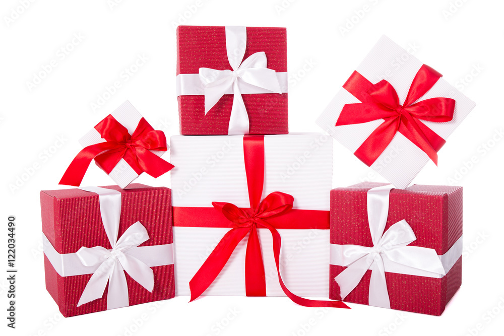 Fototapeta premium Birthday or Christmas concept - red and white gift boxes isolate