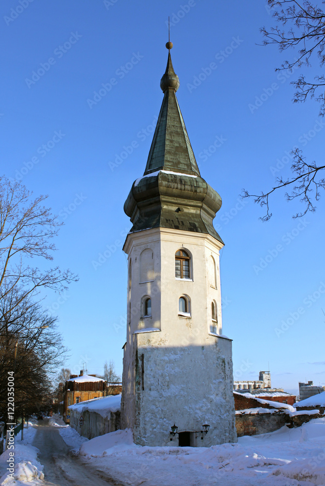 Obraz premium The Town Hall Tower in Vyborg, Russia in winter