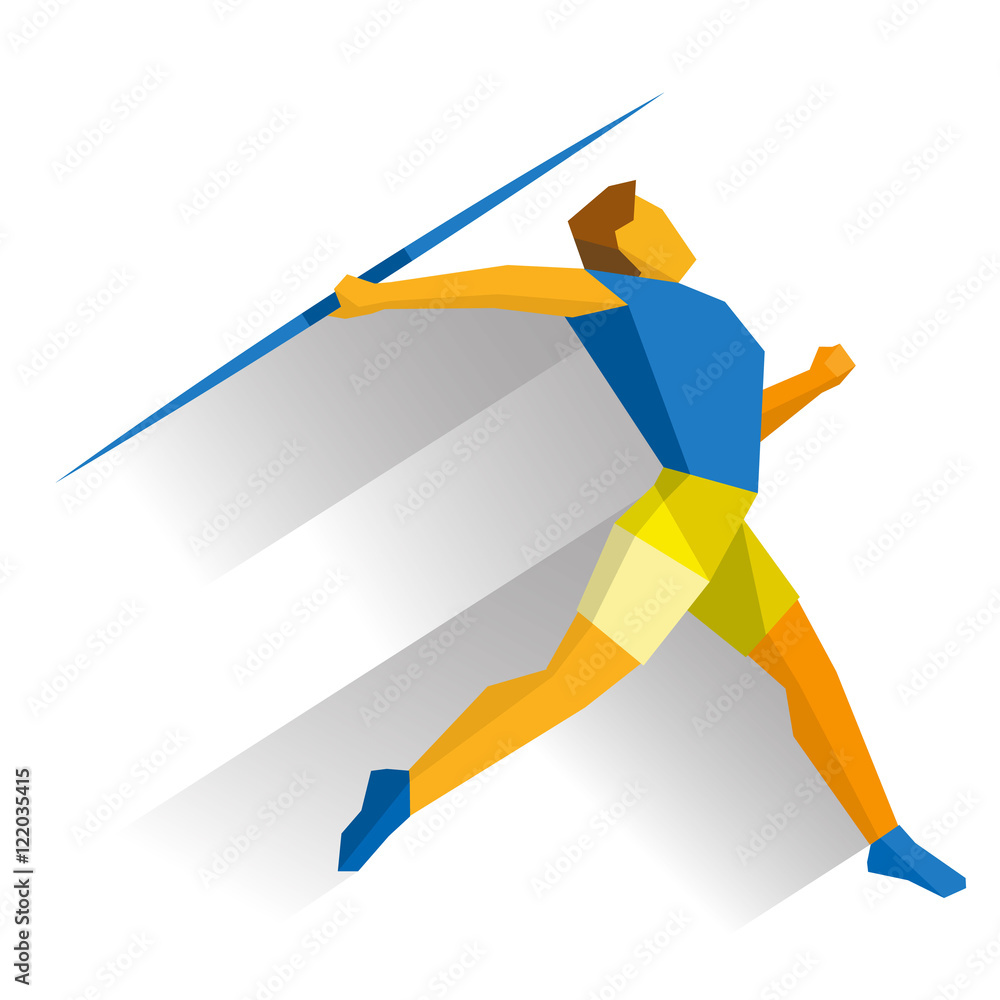 Athlete throwing the javelin isolated on white background with shadows