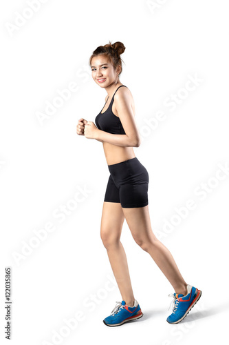 Young fitness beautiful slim brunette sport woman jogging and running, Isolated over white