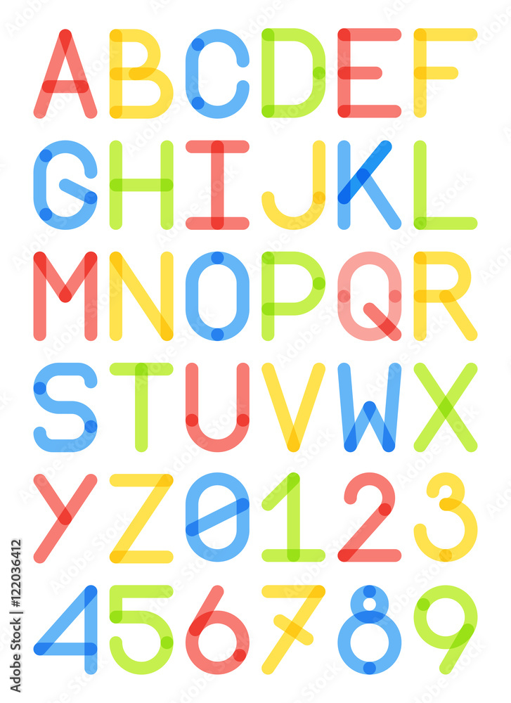 english font typeface capital letters and numbers modern style sans serif colorful red yellow blue green vector illustration
