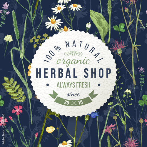 Herbal shop round emblem with herbs and flowers