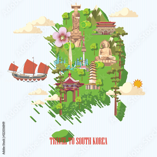 South Korea travel vecto poster with pagodas and traditional signs. Korea Journey card with korean objects.