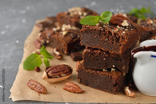 Chocolate brownies with nuts photo