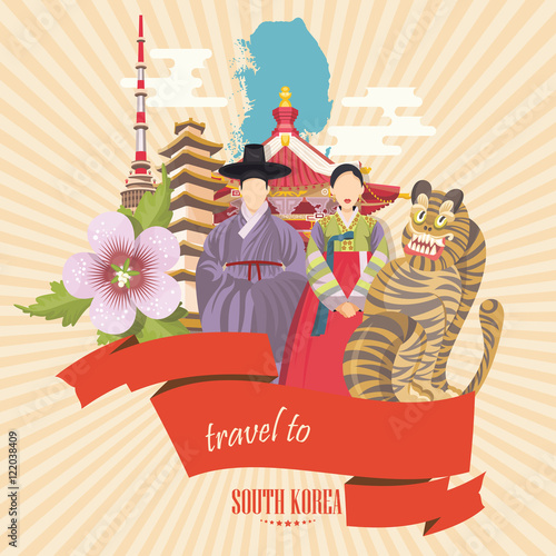 South Korea travel vecto poster with pagodas and traditional signs. Korea Journey card with korean objects.