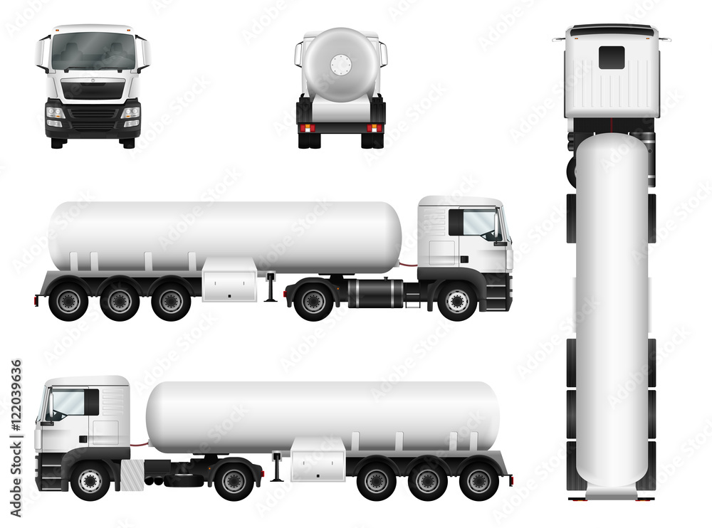 White truck whith trailer. Vector tank car template. Separate groups and layers.