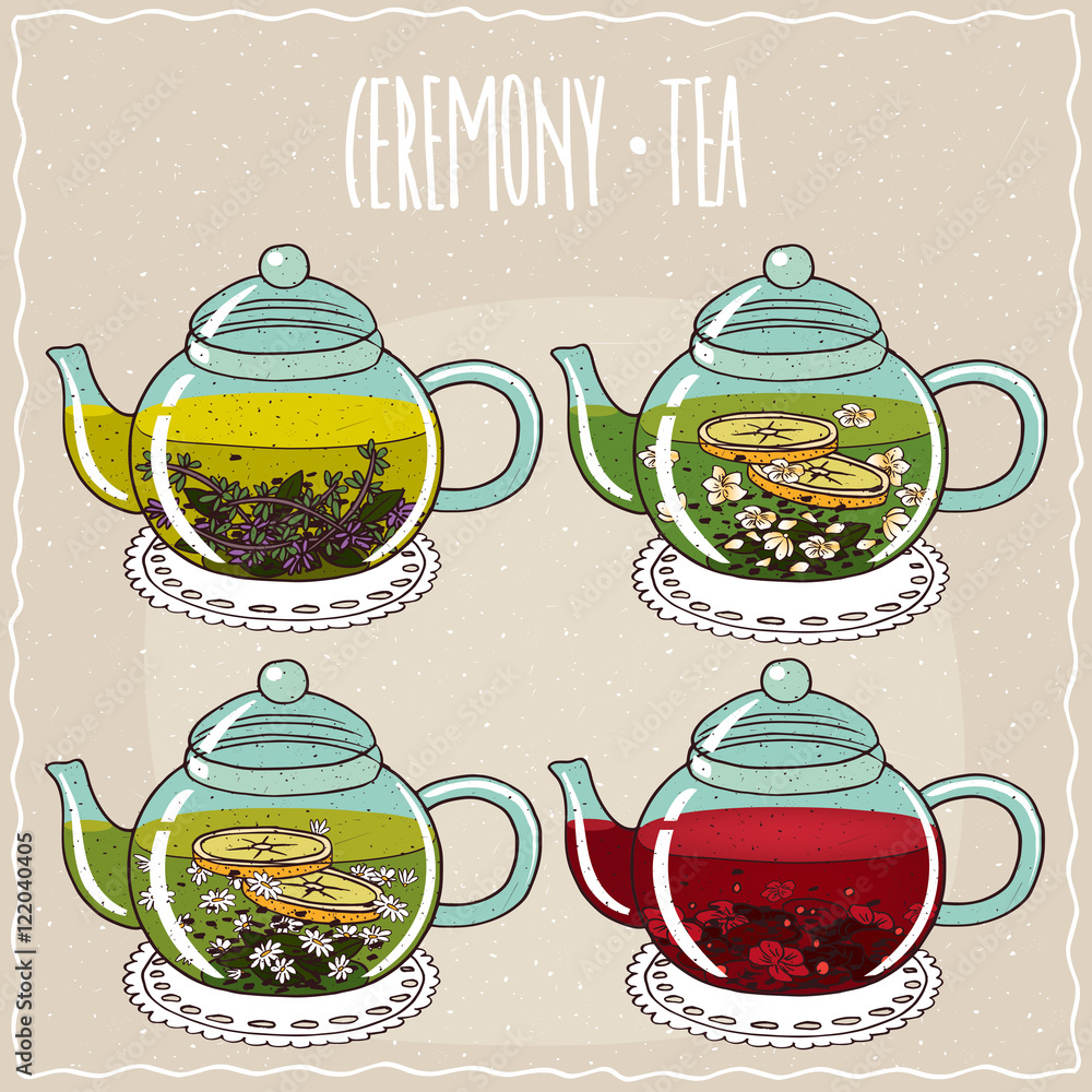 Tea Ritual Cartoon Set of different brewed herbal teas, with thyme, jasmine, chamomile ...