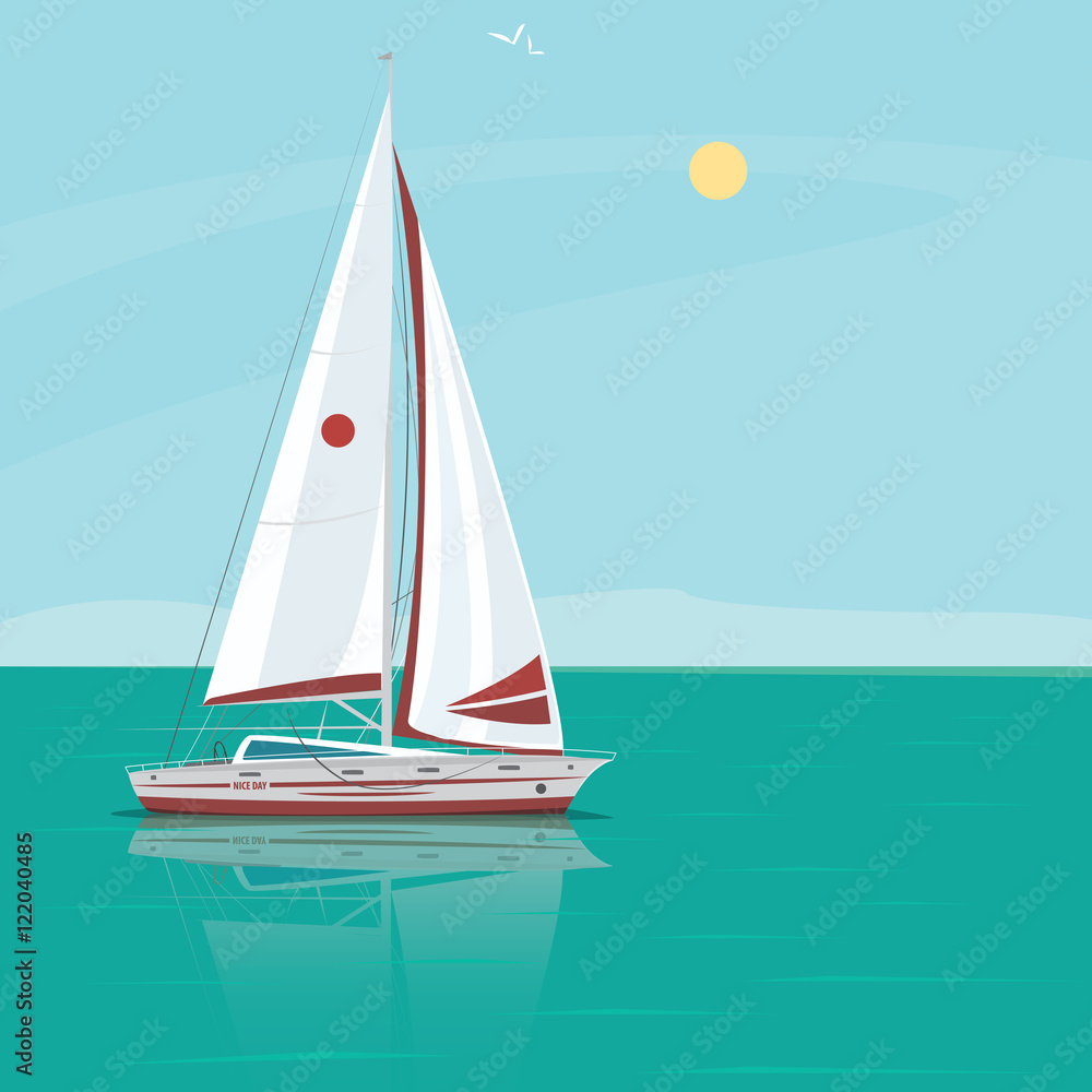 Lonely beautiful sailing yacht floats in the open ocean, the boat in the water reflection, excellent sunny weather - Weekend at sea or Solitude concept Lonely beautiful sailing yacht floats in the open ocean, the boat in the water reflection, excellent sunny weather - Weekend at sea or Solitude concept