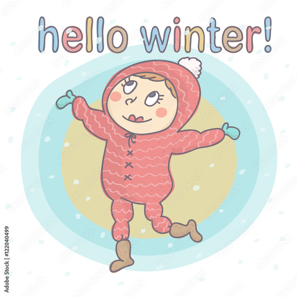 Cute, adorable girl in pink ski suit with snowflakes falling on her. Vector drawing with child happiness because of snow. Cute, adorable girl in pink ski suit with snowflakes falling on her. Vector drawing with child happiness because of snow.