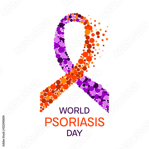 Psoriasis ribbon poster. Psoriatic arthritis awareness poster with a purple and orange ribbon made of dots on white background. Vector illustration.