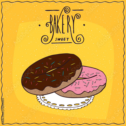 Donuts with chocolate frosting and pink glaze and colored sprinkles, lie on lacy napkin. Yellow background and ornate lettering bakery. Handmade cartoon style